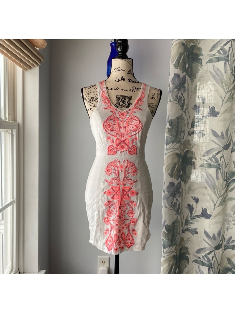 Free People White Mini Dress with Red Embroidery